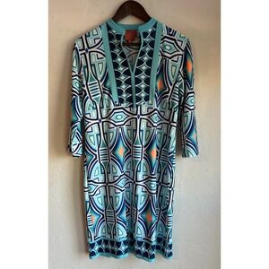 Tracy Negoshian Shift Dress M Preppy Resort Stretch Geometric Print Colorful
